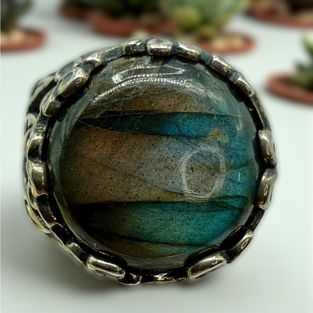 Sterling Silver Israel PZ Labradorite Floral Statement Ring – Size 8 - Picture 5 of 17
